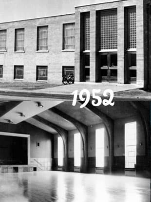 A black-and-white photo of the newly built Mine Mill hall exterior and its main hall interior, dated 1952.